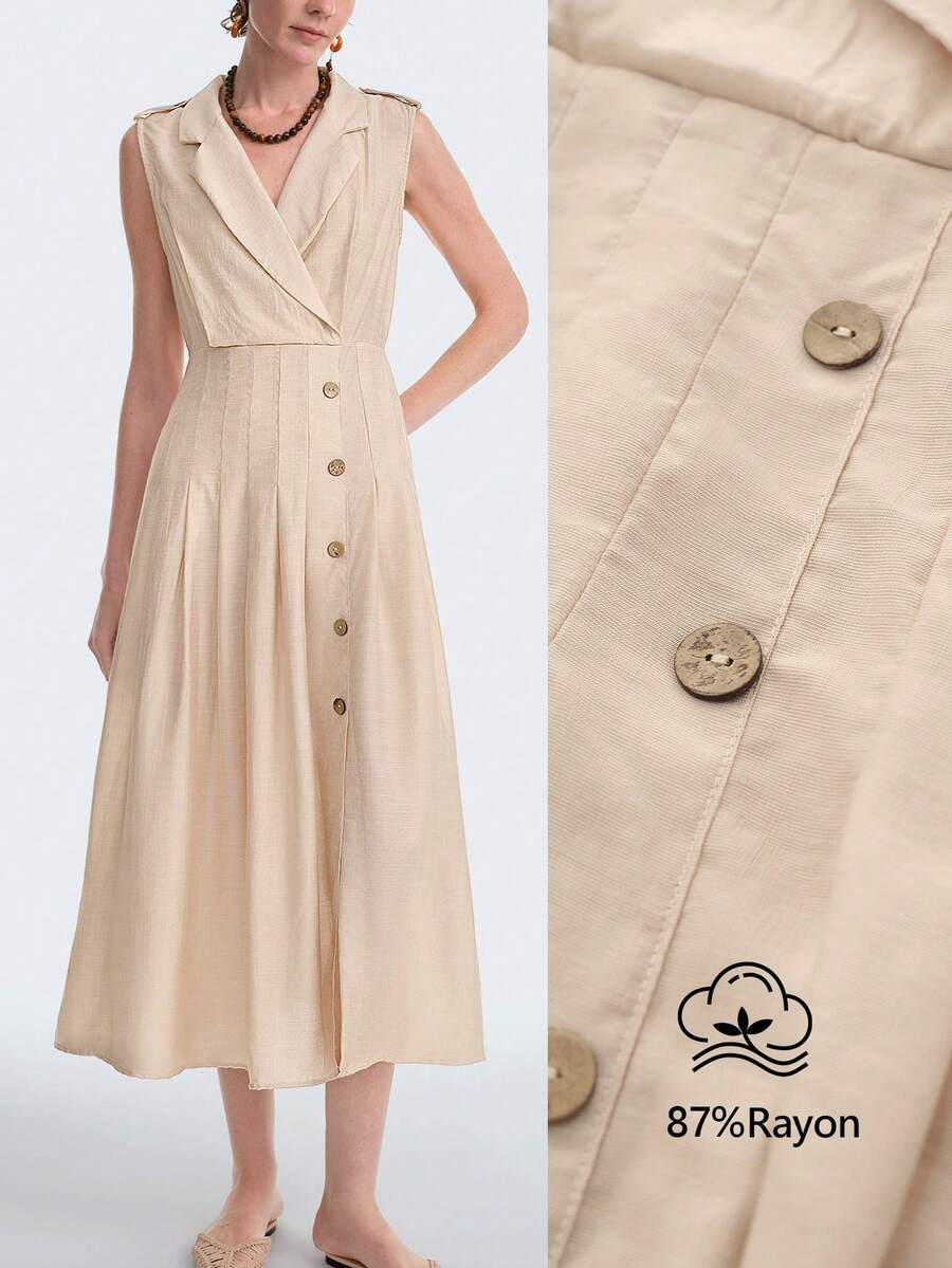 Aalyst Đầm maxi nữ mùa xuân/hè thanh lịch, sang trọng, thiết kế tối giản, phong cách bohemian thường ngày, thích hợp đi nghỉ mát/công sở, kiểu dáng cổ điển, chất liệu vải mềm mại, màu trơn, cổ bẻ, gấu váy xếp ly, cúc trang trí bằng gỗ, eo chun, dáng chữ A không tay.