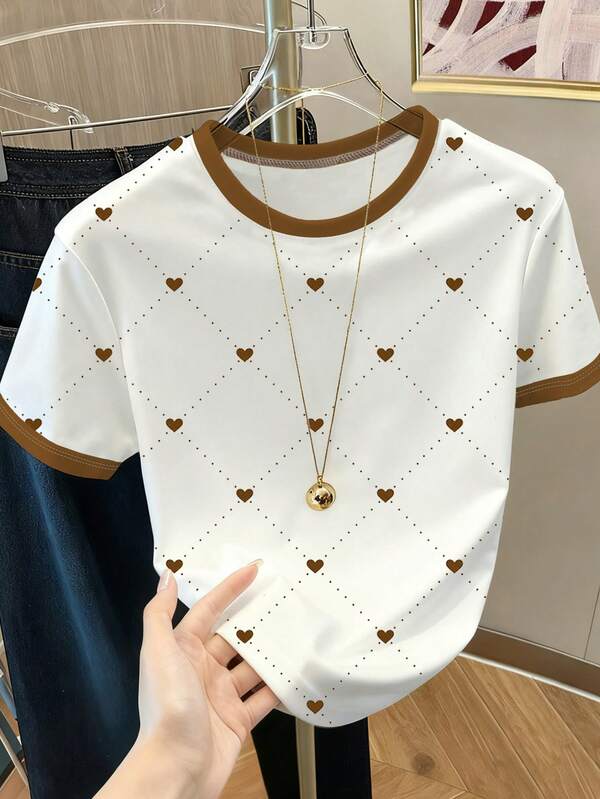 Resyla Camiseta de mujer con cuello redondo, bloque de color con corazón y lunares