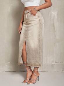 SHEIN ICON Women's High Waist Pocketed Casual Straight Denim Skirt - Khaki - View 3