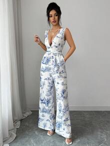 Elenzga Women's Deep V-Neck Botanical Print Sleeveless Wide Leg Jumpsuit - Blue - View 4