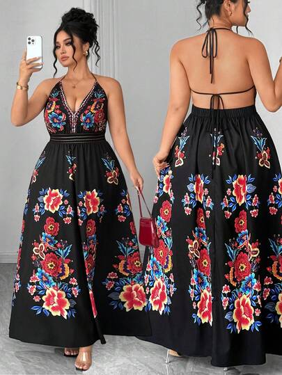 Elenzga Plus Size Women's New Summer Romantic Elegant Maxi Dress, Bohemian Style Beach Dress, Lace Patchwork Extra Long Dress, V-Neck Tie Strap Backless Off-Shoulder Dress