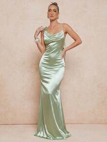 Lumalex 亮面立体花卉单肩露肩飘逸系带鱼尾连衣裙（女款） - 綠色 - 查看 2