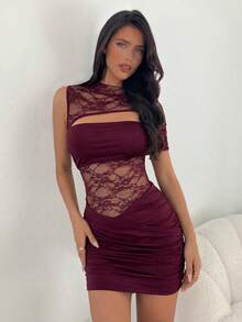 Aloruh Đầm ngắn ren phối màu thanh lịch thường ngày dành cho nữ, màu đỏ rượu vang, kiểu dáng gợi cảm sang trọng. - Màu Hoa hồng đỏ - Xem 9