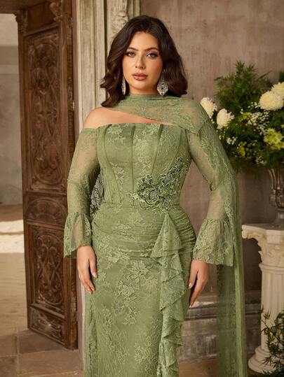 Aureia Plus Size Elegant Luxurious Wine Red Off-Shoulder Lace Patchwork Lace Ruffle Sheer Sleeve Beaded Applique Asymmetric Ruffle Hem Mermaid Formal Gown (Heavily Embellished Design), Suitable For All Formal Occasions And Galas