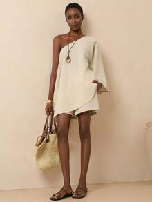 Vesra Vacation Casual Asymmetric Hem Top + Shorts 2 Pieces Set - Apricot - View 4