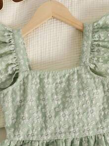 SHEIN 2pcs Tween Girls' Casual Patchwork Ruffle Hem Shirt And Pants Set Woven Texture Stylish Green Floral Girls Outfit Teen Jumpsuit Summer Sets - Mint Green - View 3