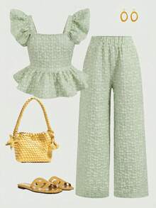 SHEIN 2pcs Tween Girls' Casual Patchwork Ruffle Hem Shirt And Pants Set Woven Texture Stylish Green Floral Girls Outfit Teen Jumpsuit Summer Sets - Mint Green - View 6