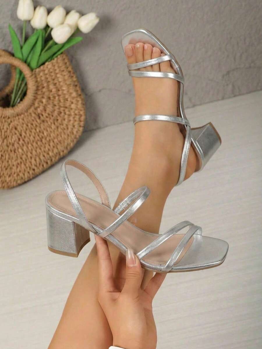 Wide Heel Sandals With Thin Straps And Square Toe - Silver - View 1
