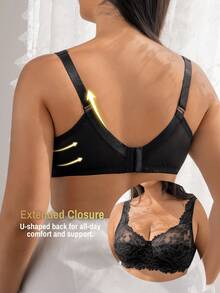DesireSculpt 1pc Women Plus Size Black Floral Lace Mesh Patchwork Underwire Bra, Summer Soft Cup Pushup Bra With Breathable Foam For Lift Up Support - Black - View 2