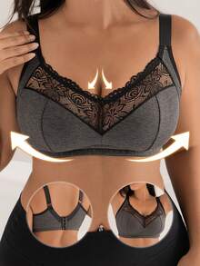 DesireSculpt 1pc Ribbed Fabric Full Coverage Wireless Lace Trim Patchwork Ladies Bra - Dark Grey - View 3