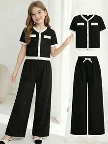 SHEIN Girlism Bộ đồ 2 món cho bé gái tuổi teen: áo thun cổ chữ V phối màu và quần ống đứng, trang phục thường ngày thanh lịch, phù hợp cho đi chơi, họp mặt gia đình. - màu đen - Xem 1