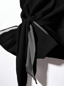 SHEIN Clasi 休闲简约黑色衬衫配领结和黑色底棕色豹纹宽松直筒裤两件套，适合春夏、度假、复古风格 - 彩色 - 查看 5