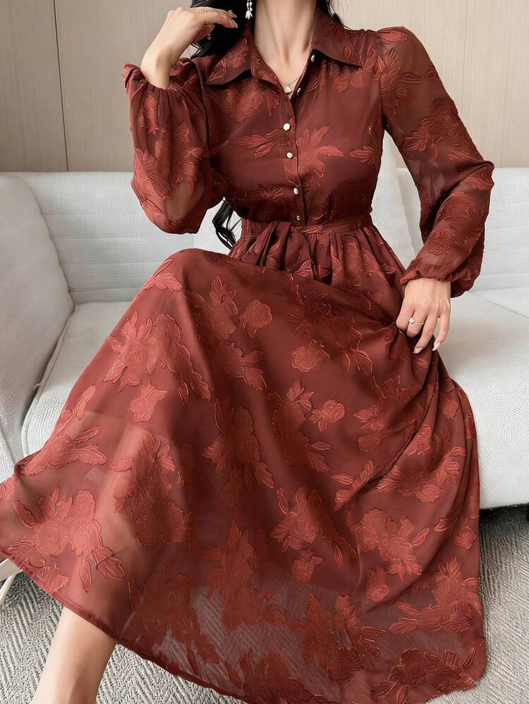 Women's Elegant Floral Print Belted Mid-Length Dress, Autumn/Winter