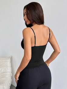 SHEIN PETITE Áo hai dây cổ tròn viền ren màu trơn dành cho nữ, áo tank top gợi cảm, áo kiểu sexy, áo đi nghỉ mát, áo mùa hè, áo đi chơi đêm cùng bạn bè. - màu đen - Xem 3