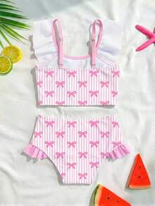 SHEIN 2pcs Baby Girls' Butterfly & Striped Print Ruffle Trim Beach/Swimming Suit Set - Multicolor - View 2