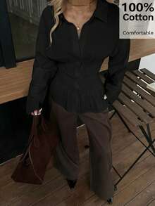 Siren Gaze 女士休闲纯色长袖衬衫，棉质修身收腰上衣，适合办公室穿着 - 黑色 - 查看 3