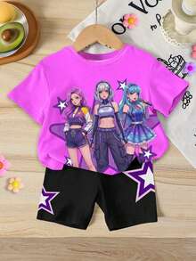 1 Set Tween Girls Casual K-POP Idol Anime Girl Group Graphic T-Shirt, Paired With Star Print Black Skinny Shorts, Stylish & Fashionable Summer Outfits - Multicolor - View 3