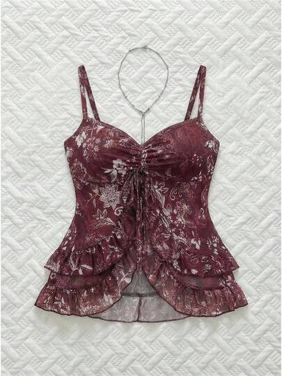 Sweetra Camiseta de mujer con volantes de malla estampada vintage bohemia