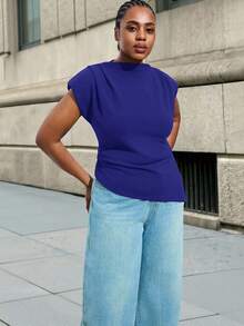 Maija 大码女式纯色立领褶皱不对称下摆背心，女士夏季穿搭，蓝色上衣，带垫肩，现代女式上衣，休闲现代衬衫 - 藍色 - 查看 1