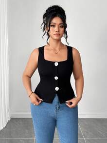 Elenzga Women's Summer Black Textured Square Neck Sleeveless Fitted Vest, Camellia Button Waist Design, Stylish Vest For Everyday Wear, Shopping, Or As An Inner Layer Or Outer Layer. - Black - View 3