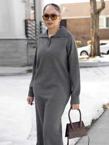 Melissa Matos 女士宽松休闲灰色Polo领针织连衣裙，秋冬毛衣裙 - 灰色 - 查看 5