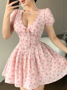Joudiya 春夏粉色系带撞色碎花休闲甜美少女情人节婚礼派对鸡尾酒会连衣裙，优雅修身迷你连衣裙 - 粉色 - 查看 16