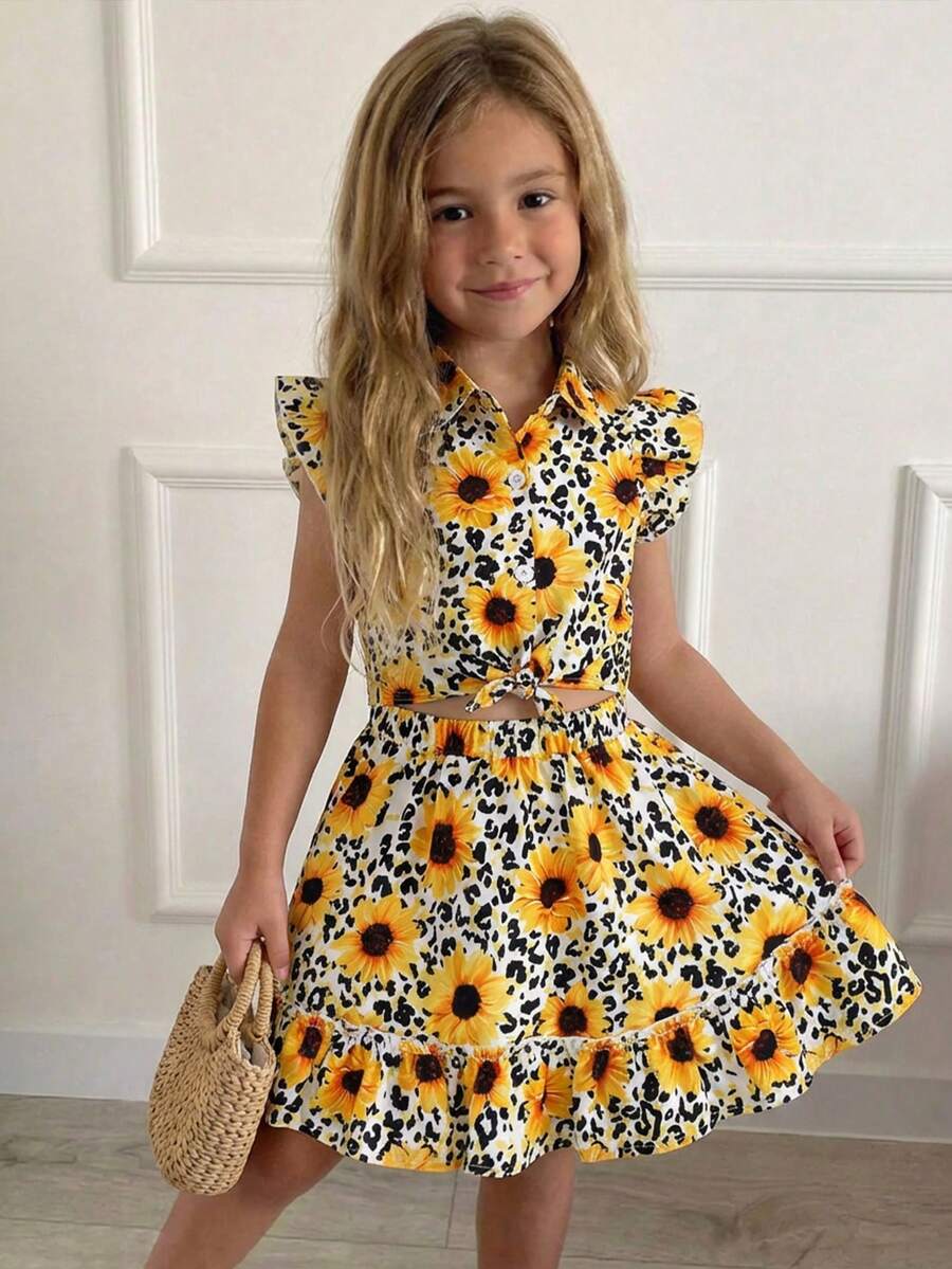 SHEIN 两件套少女碎花编织休闲背心和迷你裙套装 - 彩色 - 查看 1