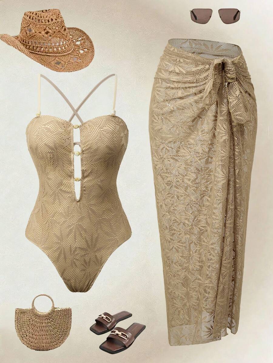 Swim Oasis Women's Leaf Print One-Piece Swimsuit And Skirt Set, Suitable For Beach Vacation, Pool Party, Beach Party, Spring/Summer - Khaki - View 1