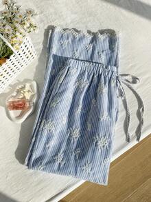 Comfortcana 大码休闲条纹花卉刺绣裤 - 藍色 - 查看 3