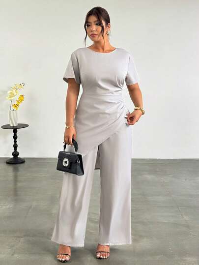 Firerie Plus Size Women Solid Color Round Neck Ruched Irregular Hem Short Sleeve Top And Wide Leg Pants Casual 2 Piece Set