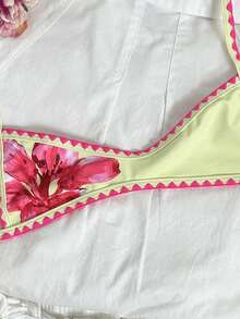 Top de bikini de mujer Swim Vcay-D con tirantes de espagueti, estampado de posicionamiento y adorno de ganchillo para primavera/verano - Multicolor - Ver 2