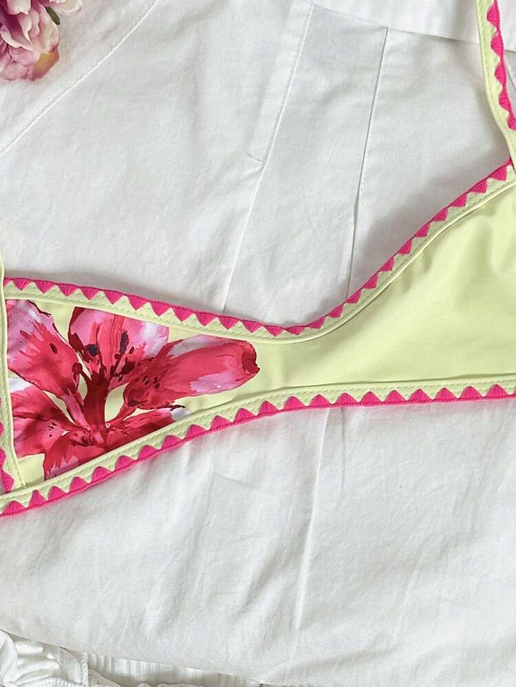 Top de bikini de mujer Swim Vcay-D con tirantes de espagueti, estampado de posicionamiento y adorno de ganchillo para primavera/verano - Multicolor - Añade 2