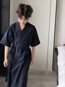 Dazy Kids 青少年男童格子交叉打结休闲家居服和长睡衣 - 藏蓝色 - 查看 1