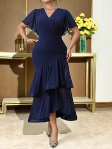 Modelyn Plus Size Women V-Neck Ruffle Patchwork Elegant Waist Cinched Party Dress - Navy Blue - View 4