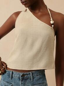 Lyxana Women's Asymmetric Neck Casual Vacation Tank Top - Khaki - View 6