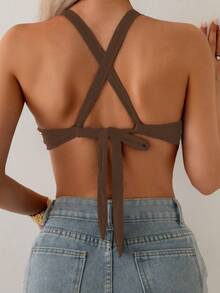 SHEIN Swim 女士纯色交叉后背带简约休闲比基尼上衣 - 棕色 - 查看 2