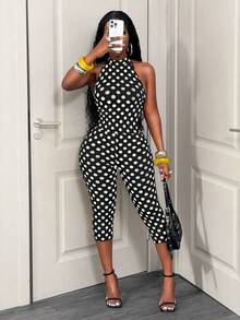 BamGleam Bộ jumpsuit nữ thời trang thường ngày, ôm sát, chất liệu lụa sữa co giãn, họa tiết chấm bi màu sắc tươi sáng, kiểu dáng buộc dây cổ, hở lưng, không tay, quần lửng. - màu đen - Xem 5