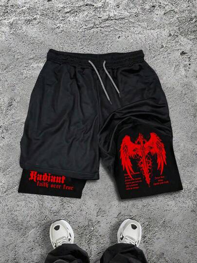Sport MetroGents Pantalones cortos de 2 en 1 con estampado de alas y cruz para hombres, gimnasio