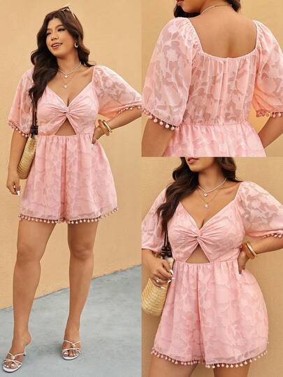 Elaquor Plus Size Solid Color V-Neck Hollow Out Twist Front Short Sleeve Jumpsuit For Summer