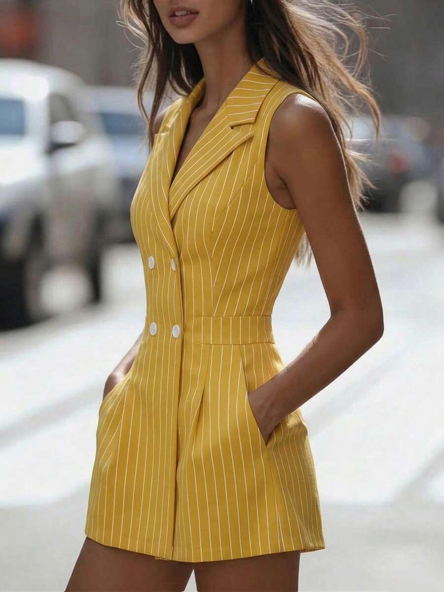 Balvessa Mono elegante sin mangas a rayas para mujer - Amarillo - Ver 1
