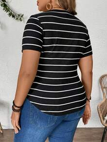 Plussiva Maternity Plus Size Casual Striped Short Sleeve Top, Summer - Black - View 2