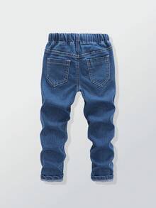 SHEIN 1件装男童休闲牛仔裤，深蓝色水洗，抽绳松紧腰直筒裤，适合所有季节，日常穿着，上学，外出，时尚百搭 - 深色水洗藍 - 查看 2