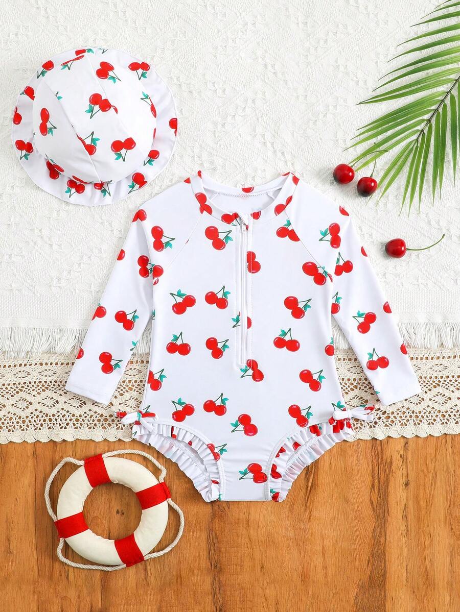 1 pieza Traje de baño de una pieza de manga larga para bebé/niña con cierre, moño lindo y estampado floral, incluye sombrero - Blanco - Ver 1