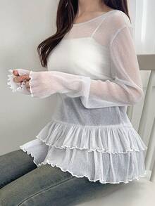 FRIFUL 女士夏季纯色圆领长袖荷叶边下摆薄纱衬衫 - 白色 - 查看 5