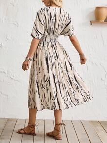 SHEIN Holidaya V-Neck Tiger Print Ruched Waist Batwing Sleeve Spring/Summer Women Dress - Apricot - View 6