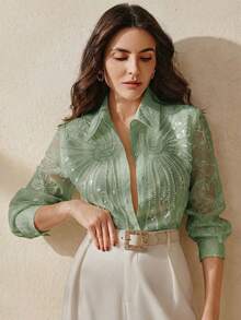 Anewsta 法国奢华串珠亮片刺绣领长袖女式衬衫，修身百搭 - 綠色 - 查看 5