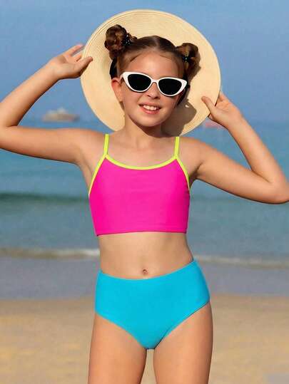 SHEIN Bộ đồ bơi tankini 2 mảnh dành cho bé gái tuổi teen, gồm áo croptop hai dây với thiết kế khoét lưng họa tiết hoa và quần cạp cao, chất liệu vải dệt kim, thời trang, thoải mái, thanh lịch, thích hợp cho bơi lội, kỳ nghỉ hè, bãi biển, hồ bơi, tiệc tùng, kỳ nghỉ thư giãn.
