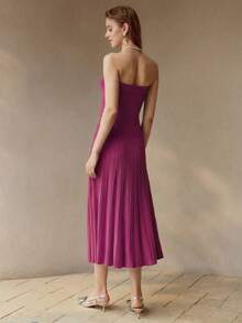 PREMIUM SOLID TEXTURED KNIT PLISSE TUBE DRESS - Red Violet - View 5