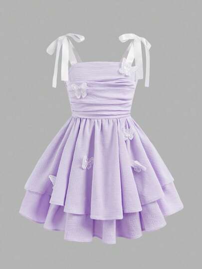 SHEIN Girlism Tween Girls Cute Bow Decoration Woven Solid Color Bubble Pleated Double Layer Cake Skirt Casual Bow Sling French Fairy Dress, Elegant Cake, Dresses Graduation, Birthday Dress, Princess Dress, Flower Girl, Lavender Girl Dress, Tween Lavender Dress, Bow Shoulder Dress, Purple Girl Dress, Tiered Butterfly Dress, Lavender Tween Dress, Lilac Girl Dress