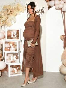 Loomaby 2件套孕妇纯色长袖长开衫和褶饰吊带背心紧身连衣裙套装 - 棕色 - 查看 4